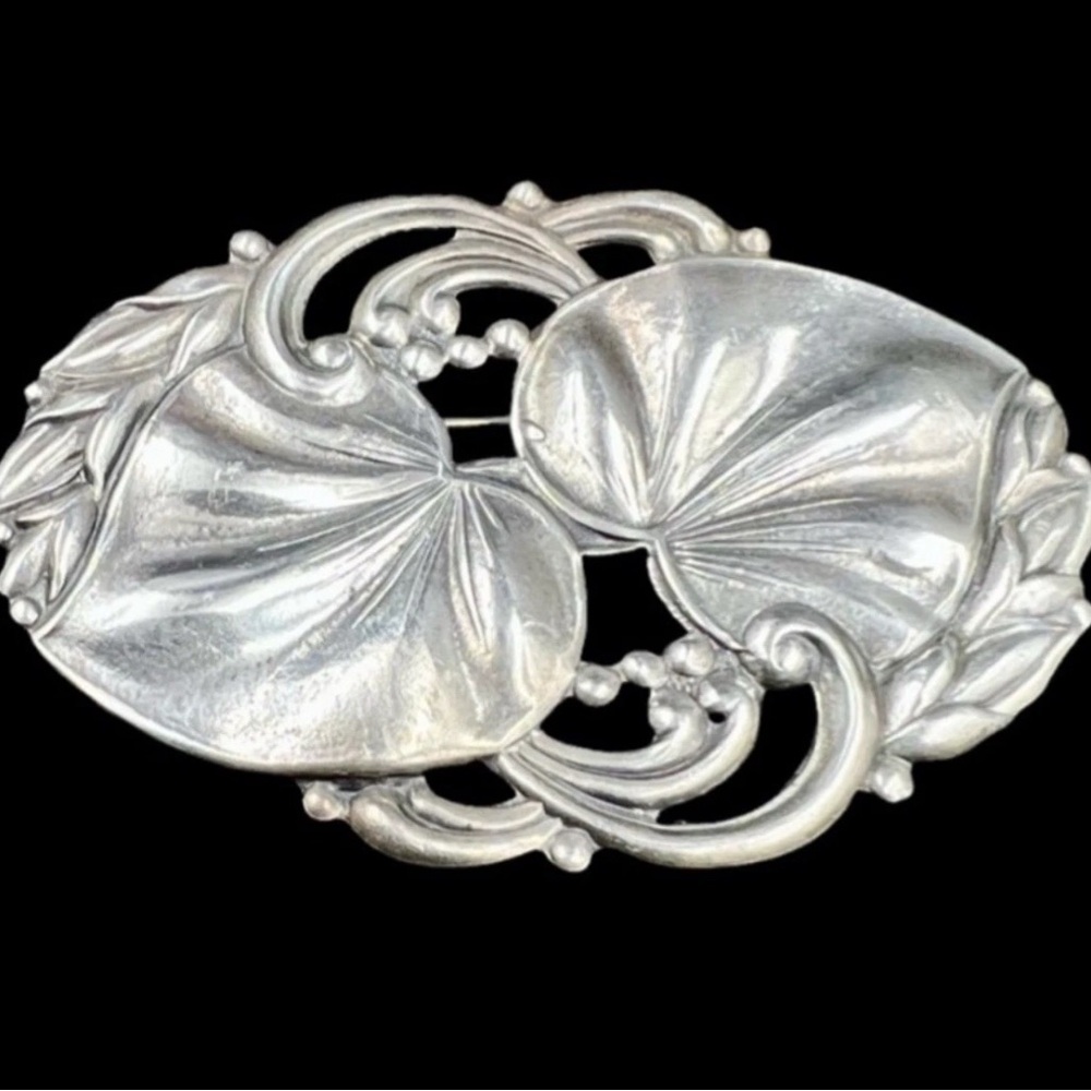 Vintage Art Nouveau Lily Pad Brooch Pin Sterling Silver Tested Large - Picture 3 of 6